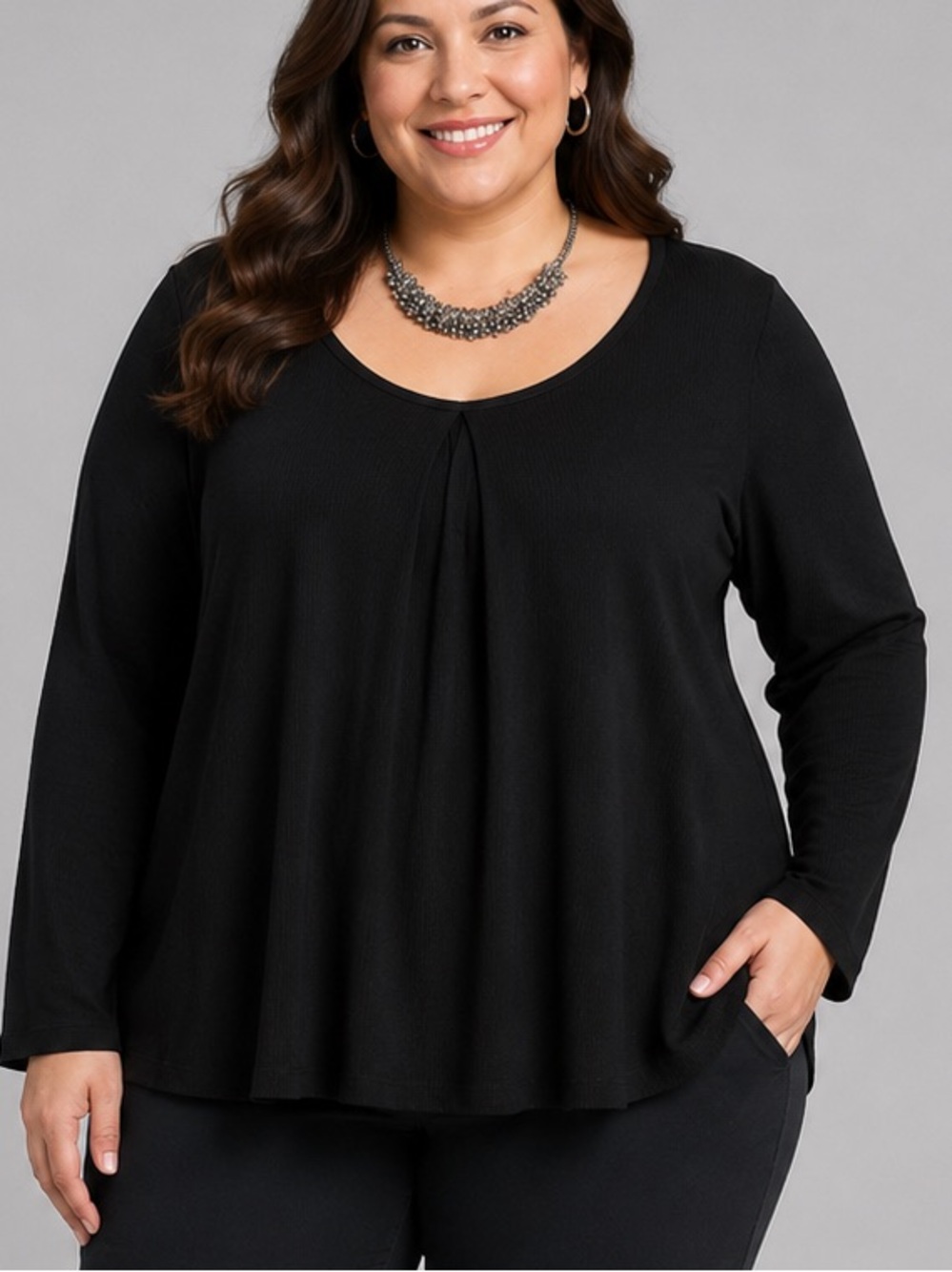Agnes Orinda Black Waffle Pattern Pleat Blouse 1X